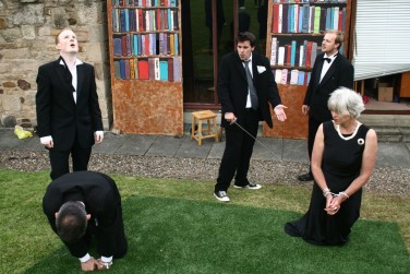 From Left: Neil Thomas as Gawain, Paul Comrie as Lancelot, Andrew Hainey as Mordred, Pab Roberts as Kay and Nelly Morrison as Guinevere